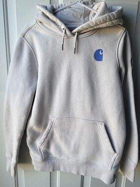 Carhartt Women’s Relaxed Fit Hoodie Small Cream Beige Blue Logo Sleeve Pullover